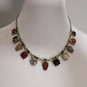 Loft Multi Color Shapes Size Stone Dangle Drop Gold Tone 18"Chain Necklace